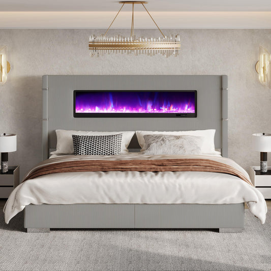 AMERLIFE Modern King Size Bed Frame with Fireplace, Corduroy Upholstered Bed Frame with 60.4“ Extra Tall Headboard, Wingback Platform Bed Frame Wooden Slats/No Box Spring Needed, Greige