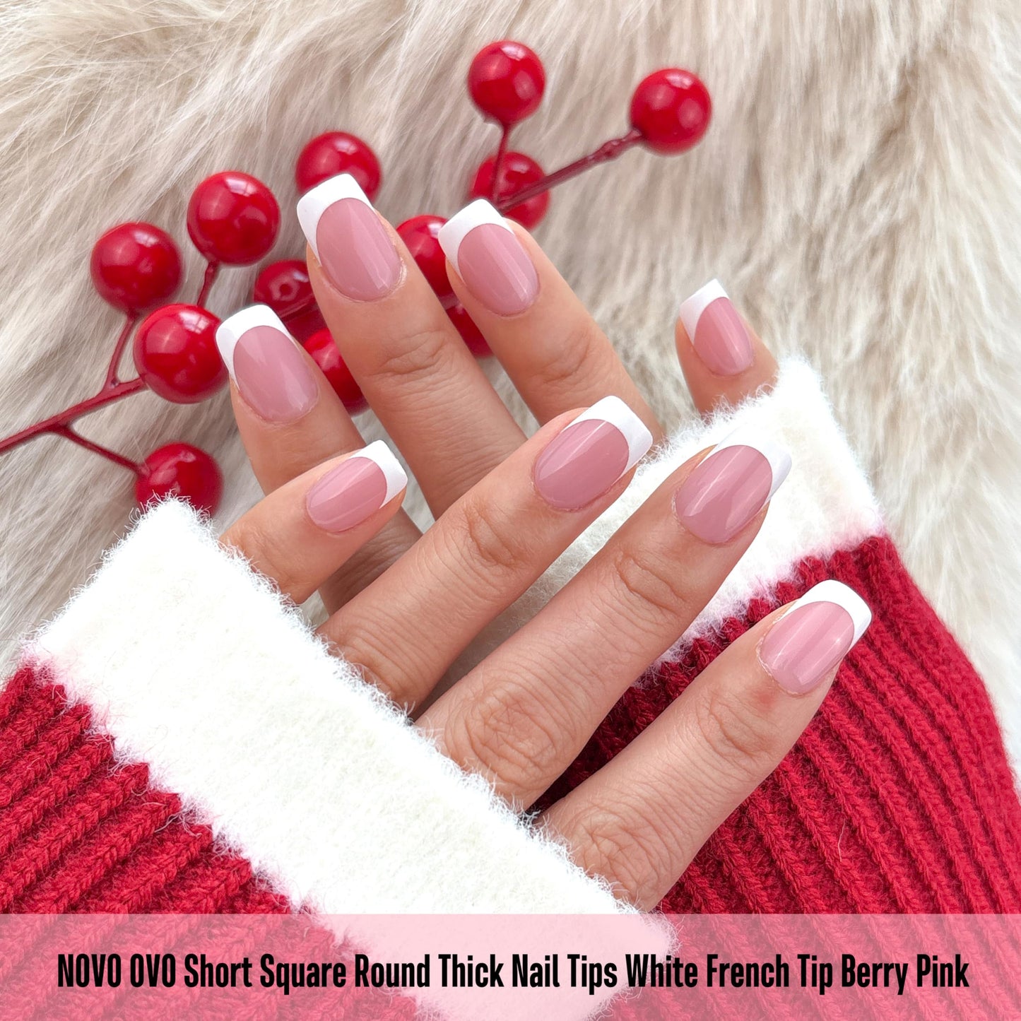 NOVO OVO Short Square Round White French Tip Nail Tips Press on BERRY PINK, Extra Thick Full Cover False Fake Nails, Need Builder Gel Top Coat & Glue, for Salon DIY Acrylic Extension x15 Sizes 240 pcs
