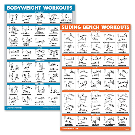 QuickFit 2 Pack - Sliding Bench Workouts & Bodyweight Exercise Poster Set - Compatible with Total Gym & Weider Ultimate Body Works (Laminated, 18" x 24")