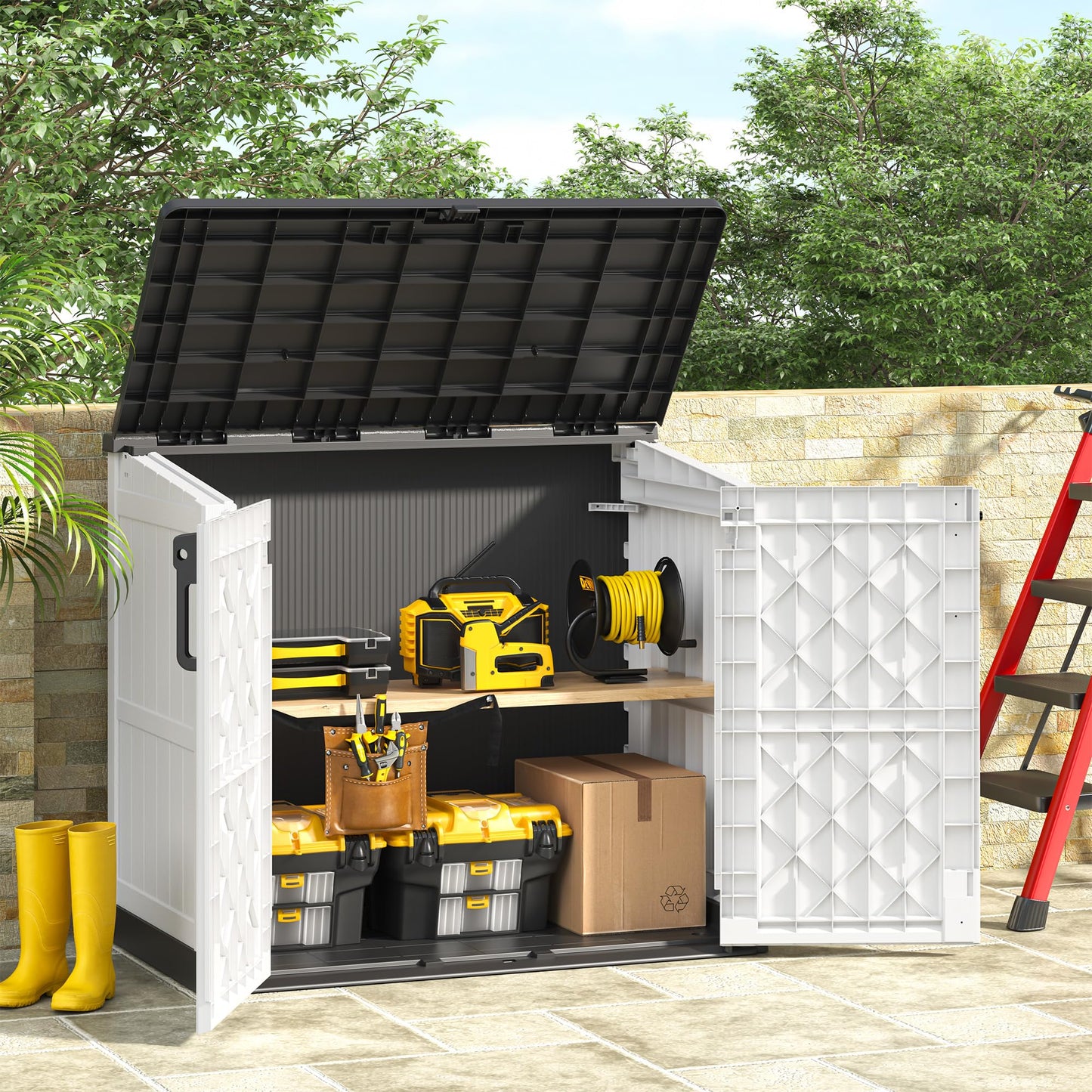 LHBGO Horizontal Storage Shed, Outdoor Resin Storage Shed 36 Cu. Ft. Garden Extra Large Capacity Weather Resistant Storage Box, Lockable Waterproof Shed for Garden Tools