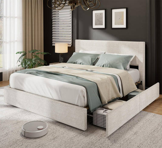 IDEALHOUSE Full Size Bed Frame with Tufted Wingback Headboard, Platform Corduroy Upholstered Bed Frame with 4 Storage Drawers and Wooden Slats Support, No Box Spring Needed, Beige