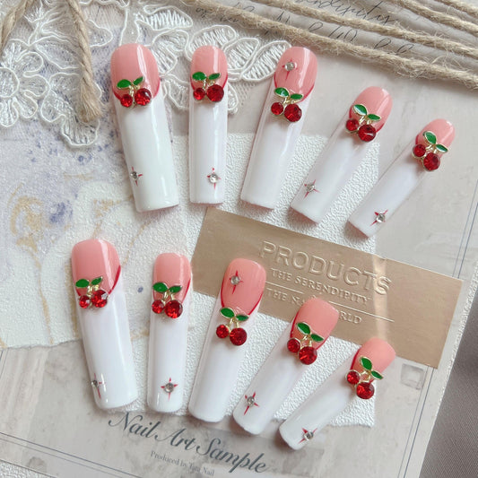 NAIL ANGEL 10PCS/SET Handmade Press On Nails Glitter Metal 3D Cherry Charms French Style Long Coffin Nails Party Nails XXL Long Artifical Tips ZJ-09 (ZJ09, M)