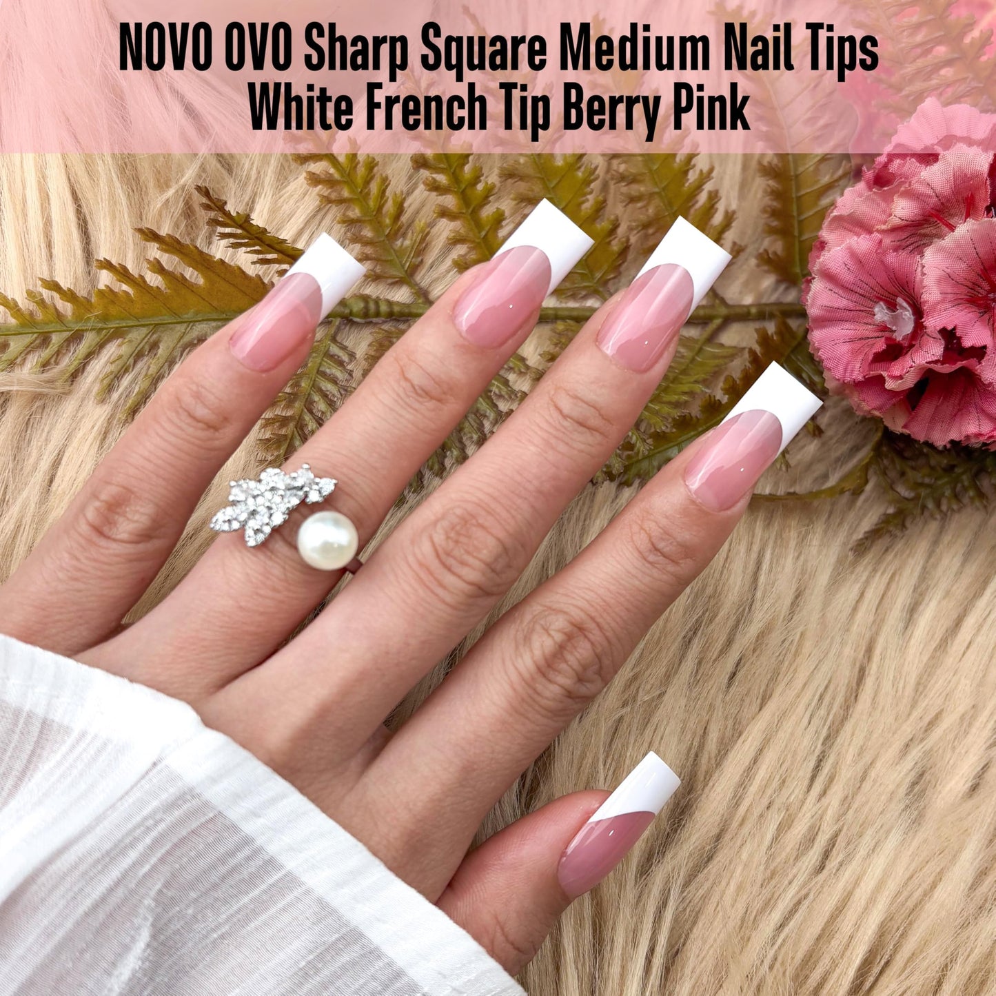 NOVO OVO Medium Sharp Square White French Tip Nail Tips Press on BERRY PINK, Extra Thick NEED Builder Glue Gel & Top Coat, Soft Gel Full Cover False Fake Nail Extension for Salon DIY x 15 Sizes 180 pc