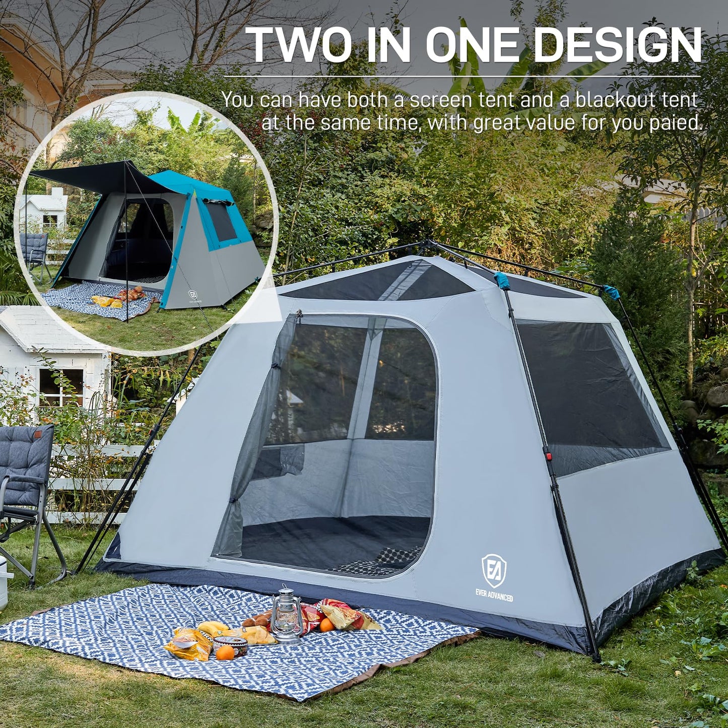 EVER ADVANCED Blackout Design 6 Person Camping Tent, Instant Cabin Tent for Family with Vestibule and Large Mesh Windows, 60s Easy Setup, Double Layer, Water-Resistant Blue