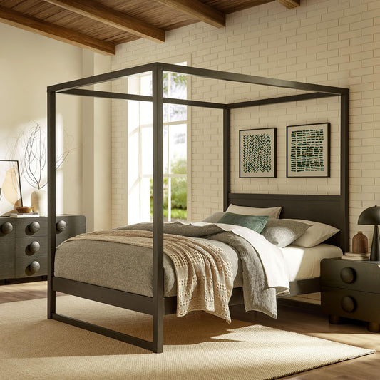 Modway Alva Queen Size 4-Post Wood Platform Canopy Bed in Smoked Oak – with with Headboard and Solid Rubberwood Frame