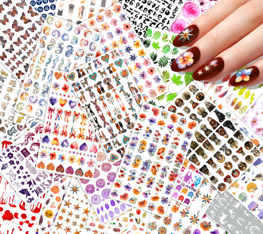 30 Sheets Nail Stickers Collection ~ Dark Floral Fantasy ~ Rich Flowers Hearts Bows Animals and Ornamental Motifs in Colorful Illustrative Style Creating Elegant Moody Manicure Decals