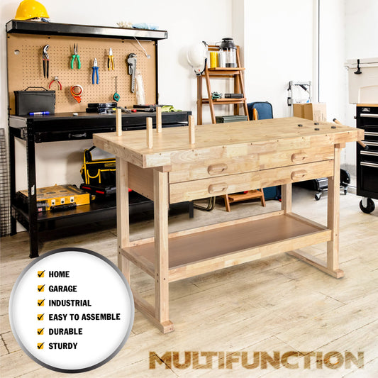 Olympia Tools 64.5” Rubber Hardwood Workbench with 4-Drawers & Clamp, 450 lb Capacity – Heavy-Duty Woodworking Storage, Tools Organizer, and Craftsman Standing Station Table for Workshop