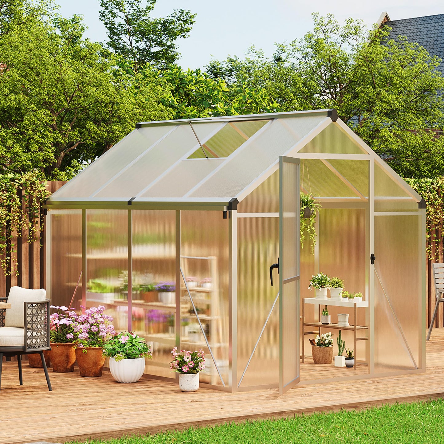 6X8 FT Outdoor Polycarbonate Greenhouse, Sturdy Aluminum Frame, Adjustable Roof Vent, Ideal for Backyard, Patio, or Garden, All-Weather Green House for Growing Plants and Vegetables
