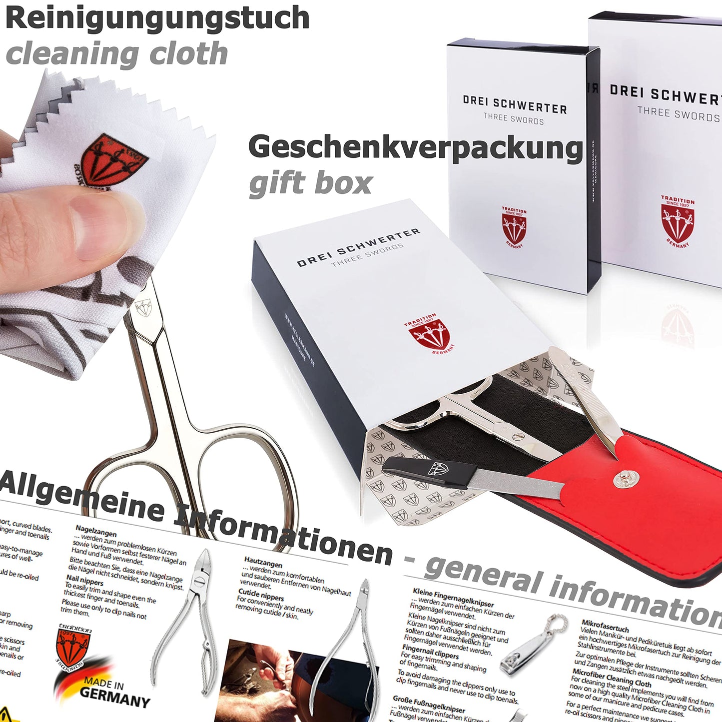 3 Swords Germany - brand quality 7 piece manicure pedicure grooming kit set for professional finger & toe nail care scissors clipper textile case in gift box, Made in Germany