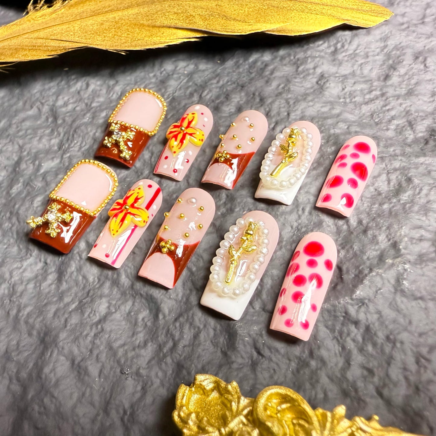 Handmade Press On Nails Square Medium Golden Floral Handmade Nails 3d Floral French Reusable Wedding Prom And Festival Gift Handmade Acrylic Press On Nails (Medium)