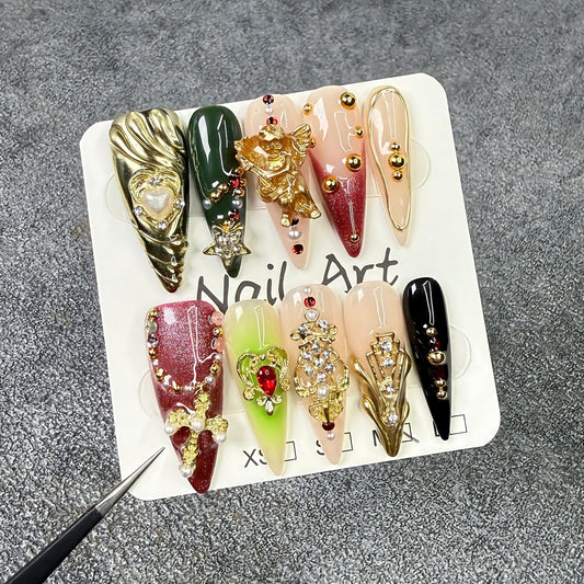 Handmade 3D Nail Art Press Ons Homemade Press On Nails French Tip With 3D Pink Star Flower Design Fake Nail For Women M
