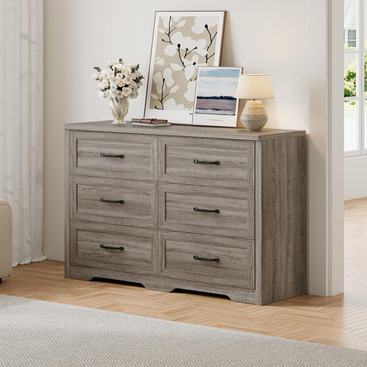 Ball & Cast Farmhouse 6 Drawer Dresser for Bedroom, 47" W Modern Chest of Drawers with Metal Handles, Wood Dresser TV Stand, Dresser Drawer Organizer for Closet, Living Room,Hallway,Gray