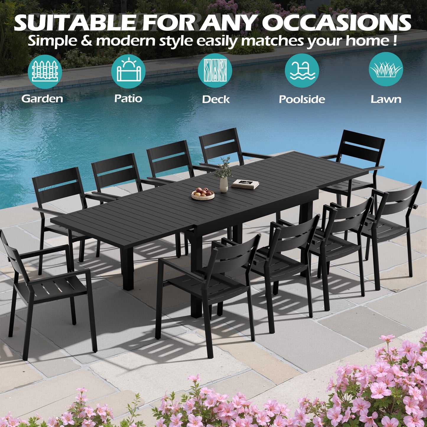 VredHom Expandable Patio Outdoor Dining Table for 8-10, 53" - 106" Aluminum Extendable Table, All-Weather Rectangle Deck Garden Furniture