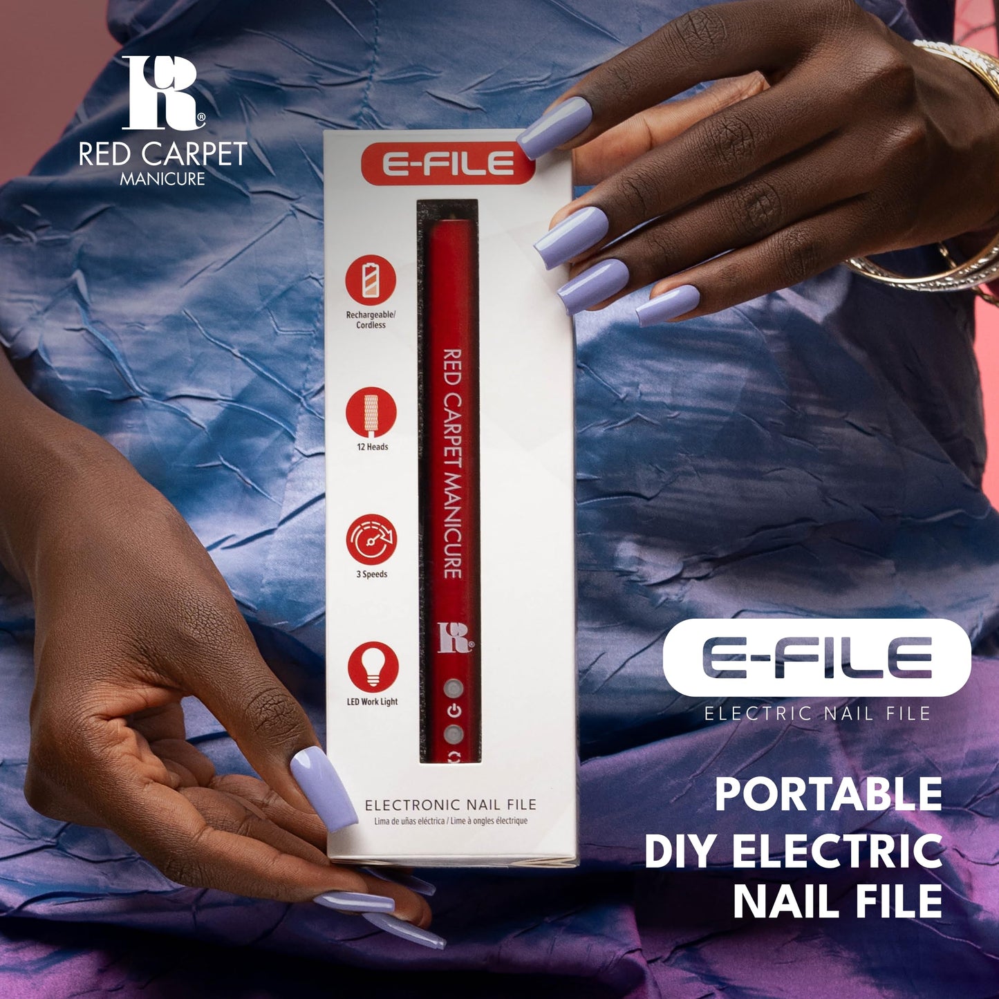 RC Red Carpet Manicure E-File Electric Nail File - Lightweight, Portable Nail Drill, Shaping, Filing, Gel Removal - 12 Interchangeable Bits & 6 Sanding Bands.