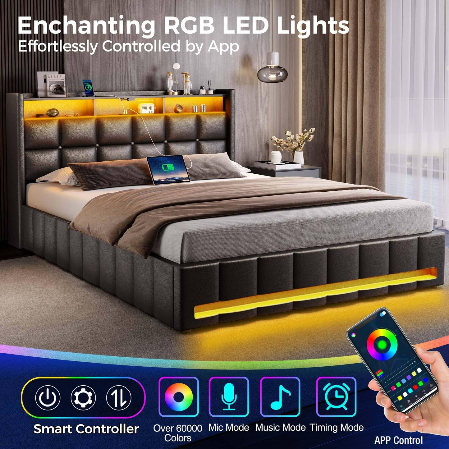 Rolanstar Bed Frame Queen Size with Lift Up Storage, Charging Station & LED Lights, Upholstered Storage Headboard, Heavy Duty Wooden Slats, No Box Spring Needed, Noise Free, Easy Assembly, Black