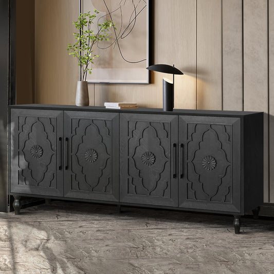 Favfurish Carved Flower Door Large Storage Cabinet,4 Doors Symmetrical Design,with Metal Handle Suitable,Adjustable Shelf,for Sleeping Room,Living Room,Kitchen,Entryway,Black