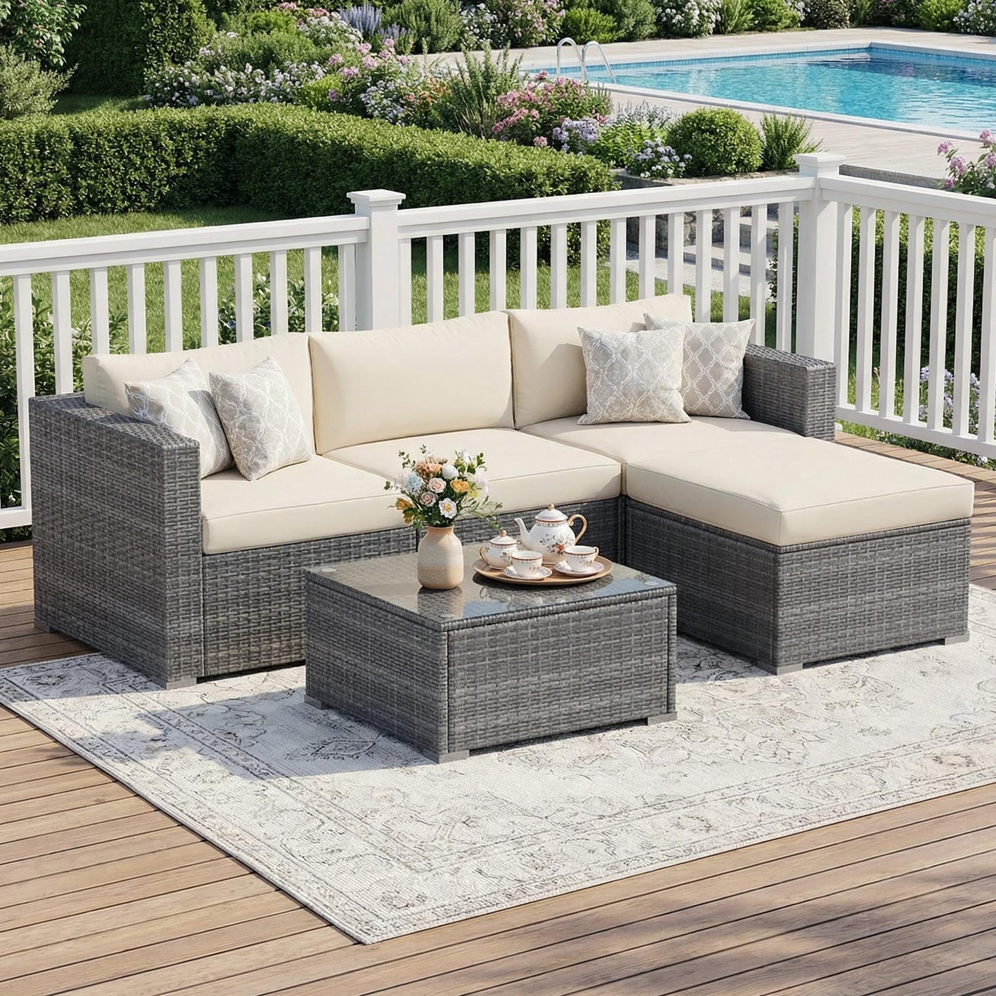 Wisteria Lane 5 Piece Outdoor Patio Furniture Set, All Weather Wicker Rattan Sectional Sofa Conversation Set with Cushions & Glass Coffee Table, Ideal for Backyard Porch Garden Balcony, Beige