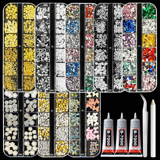 8 Boxes Nail Charms and Gems, White Pearl, Gold/Silver Sea Theme,3D Aurora Flower/Bow, Flatback Nail Gems, Rhinestones and Charms for Nail Art Kit, Various Shapes Nail Rhinestones, Nail Accessories