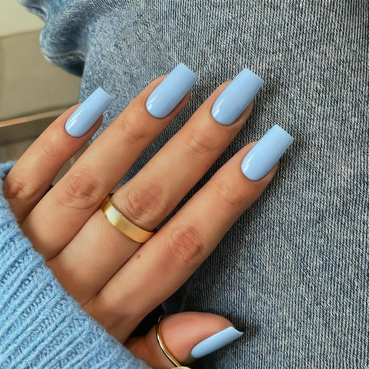 KQueenest Light Blue Press on Nails Long Medium Square, Sky Blue Fake Nails Medium Coffin, Glossy Sheer Color Acrylic Nails Press ons, Reusable Soft Gel Glue on Nails for Women Summer