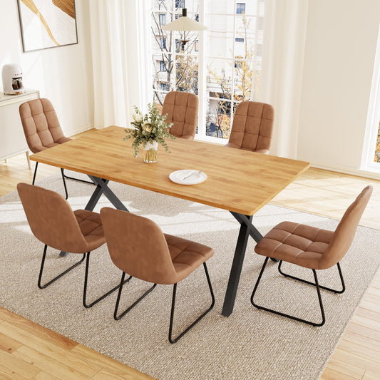 HIPIHOM 7-Piece Dining Table Set for 6 People, 63" MDF Kitchen Table with 6 Upholstered Chairs, Metal Legs for Dining Room, Kitchen(Oak Table+6 U-Shaped Brown Chairs)