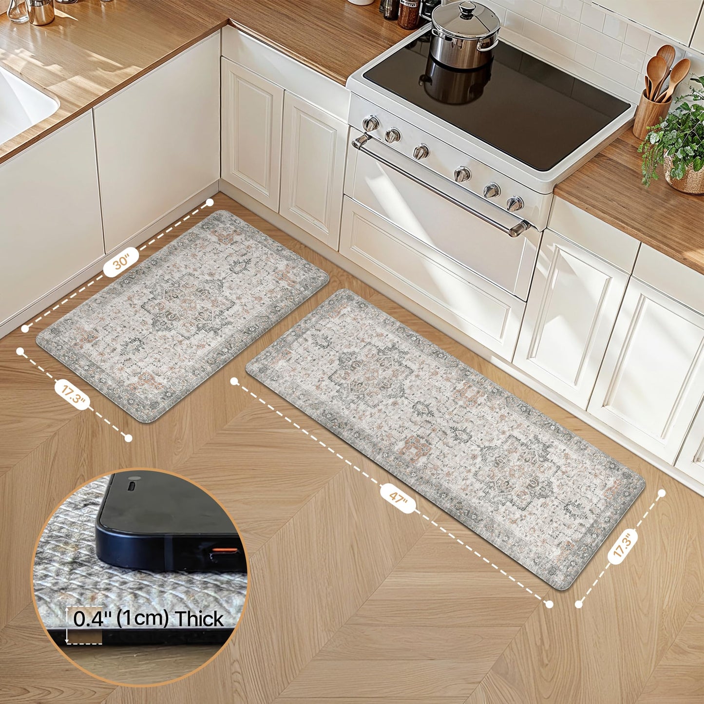 GENIMO Kitchen Mats for Floor 2PCs, Washable Anti Fatigue Mat for Cushioned, 17.3"x47"+17.3"x30", Waterproof Kitchen Rugs, Non Slip Comfort Standing Mat Rug for Home, Sink, Laundry, LightTaupeBrown