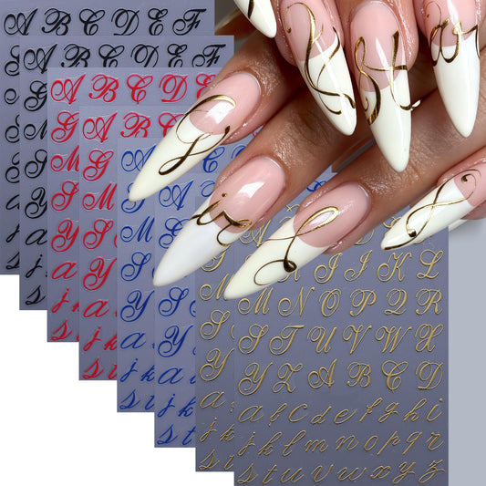8 Sheets Letters Nail Art Stickers English Alphabet Nail Decals 3D Self-Adhesive Old English Alphabet Nail Art Stickers Black Red Gold Blue Letters Sticker for Nails for Women DIY Manicure Decoration