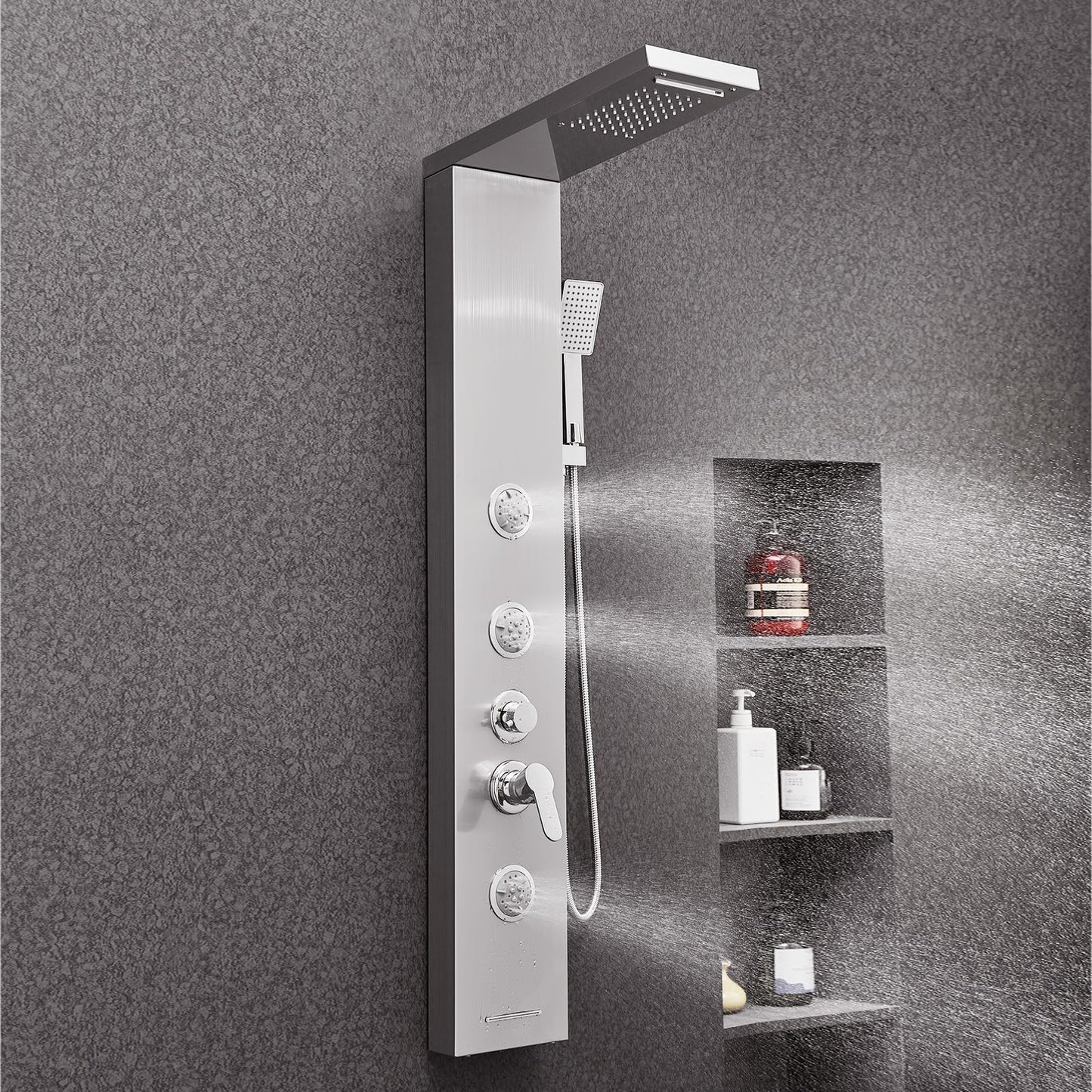 VEVOR Shower Panel Tower System with Rainfall Waterfall Shower Head, 53 in Brushed Stainless Steel Shower Column, 5-Function Faucet, Wall-Mount Rain Massage System with 3 Body Jet, Handheld, Tub Spout
