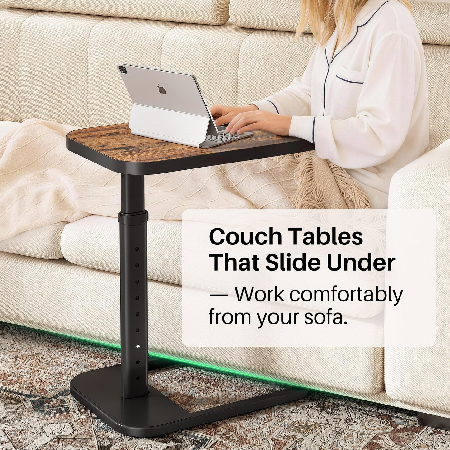 Kitstorack Adjustable Height C-Shaped End Table, 9-Level Side Table with Metal Rounded Edge, Couch Table that Slides Under Sofa or Bed for Eating, Working, and Drinks, TV Tray for Small Spaces, Brown