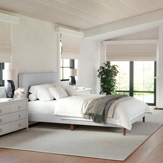 Martha Stewart Britta Platform Bed with Headboard & Footboard, Faux Linen Upholstery with Piping Detail, Rounded Headboard, No Box Spring Needed, Queen, Gray
