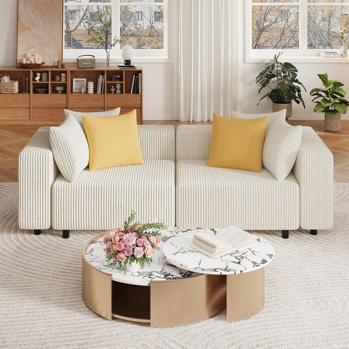 Modern Oversized Modular Sectional Sofa, Boneless Cloud Loveseat with Legs, Corduroy Big Comfy Deep Seat Sofa for Living Room & Apartment（Beige,106″Loveseat）