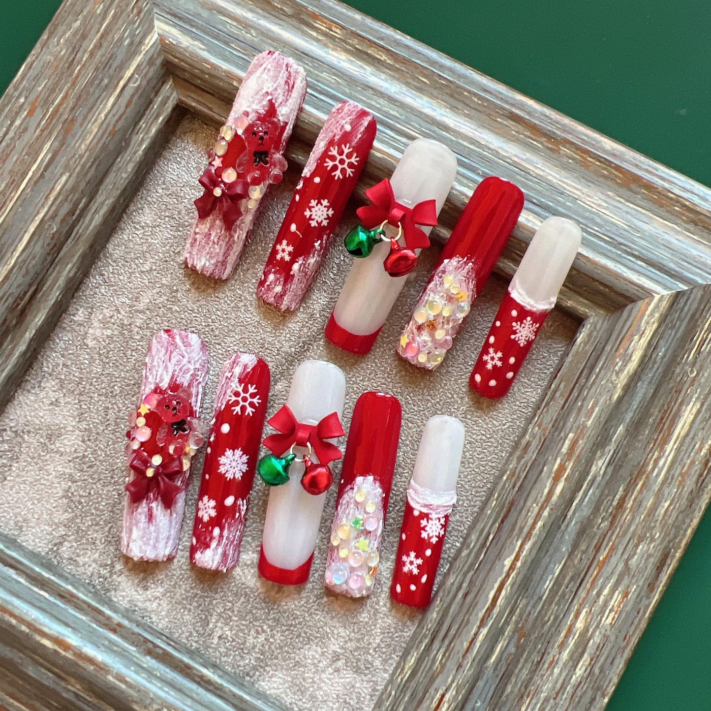 NAIL ANGEL 10PCS/SET Glamorous Handmade Press On Nails Christmas Xmas Holiday Snowman Bell Snowflake French Style Long Coffin Nails Party Nails XXL Long Artifical Tips ZJ-13 (ZJ13, S)