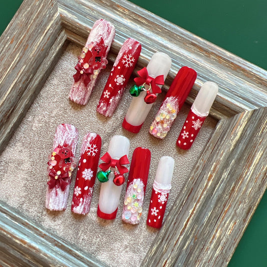 NAIL ANGEL 10PCS/SET Glamorous Handmade Press On Nails Christmas Xmas Holiday Snowman Bell Snowflake French Style Long Coffin Nails Party Nails XXL Long Artifical Tips ZJ-13 (ZJ13, S)