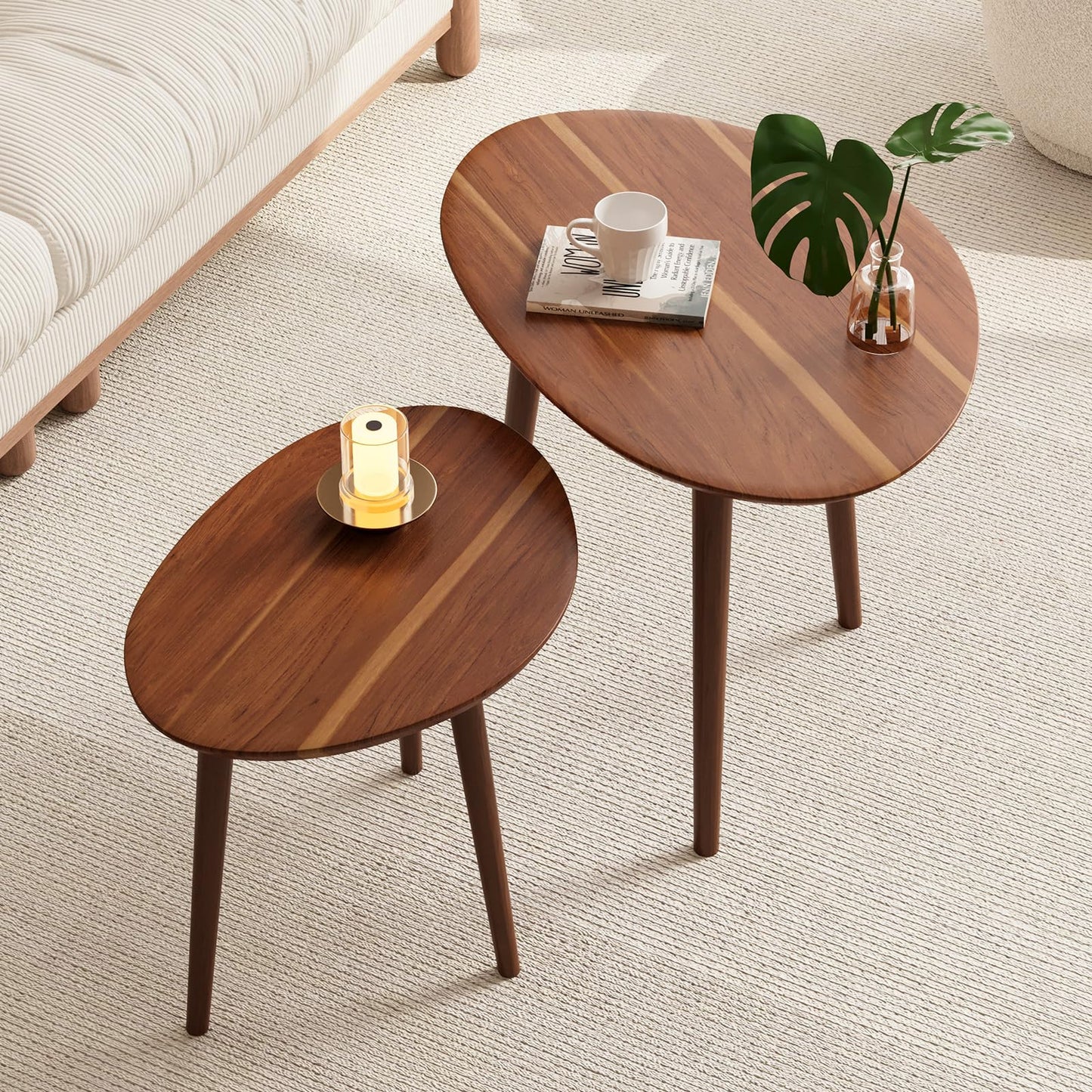 Semjar Small Oval Coffee Tables Set,Acacia Wood Nesting Tables（25.6"x17.7"+17.7"x13.4" for Living Room Small Spaces Office,Easy Assembly Wooden Minimalist Walnut Mid Century Modern Coffee Table