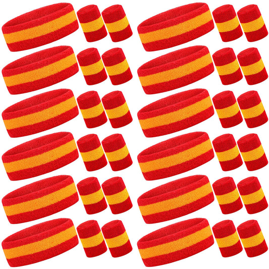 Eurzom 36 Pcs Sweatband Set - 12 Sweat-Absorbing Headbands and 24 Cotton Wristbands for Men, Women, Gym, Sports (Red, Yellow)