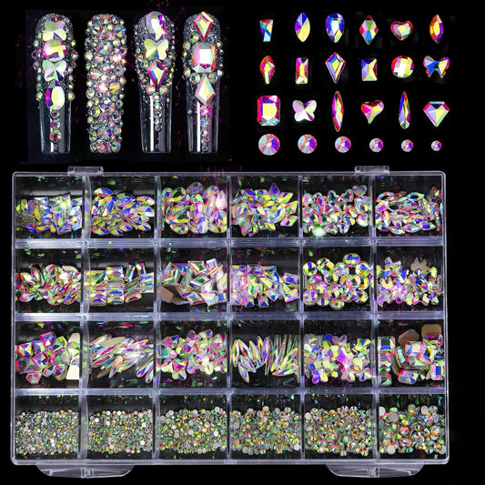 AMLAVIFISH AB-Colored Nail Rhinestones for Nail, 5380Pcs AB Flatback Glass Nail Charms Gems Stones, 19 Types of Shaped Nail Art Rhinestones Kit with Tweezers, 6 Sizes for Decoration