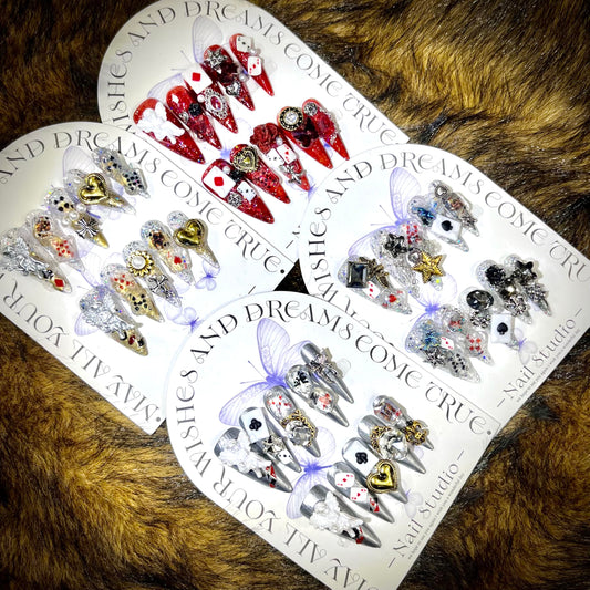 Mystery Box Random 4Pack(40Pcs) Handmade Nails Manual Press on Nails Poker Playing Pard Nails Manicure Charms Nails Art Nail Kit for Women Party Holiday Photo Wedding 30mm Long Size L