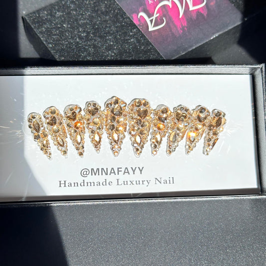 MNAFAYY Luxury Gems 100% Handmade Nails Gold Long Stiletto Press On Nails Full Cover 3D Rhinestone Crystal Gorgeous Reusable UV Finished Fake False Nails Acrylic Nail Kit With Box Gifts for Women S