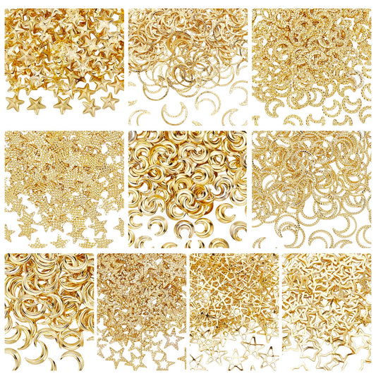 OLYCRAFT 1600PCS Moon Star Resin Fillers Hollow Resin Charms Brass Nail Art Charms Gold Epoxy Resin Supplies Nail Art Decorations for DIY Crafts Jewelry Making