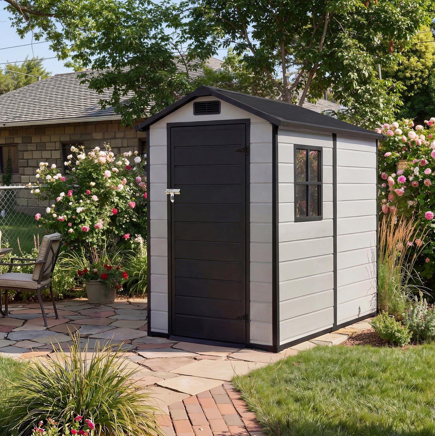 Plastic Outdoor Storage Shed with Floor & Window, 4x6 ft Resin Garden Shed for Patio, Lawn Mower, Bike & Tool, Waterproof Outdoor Storage with Lockable Door & 2 Vents & Sloped Roof for Backyard