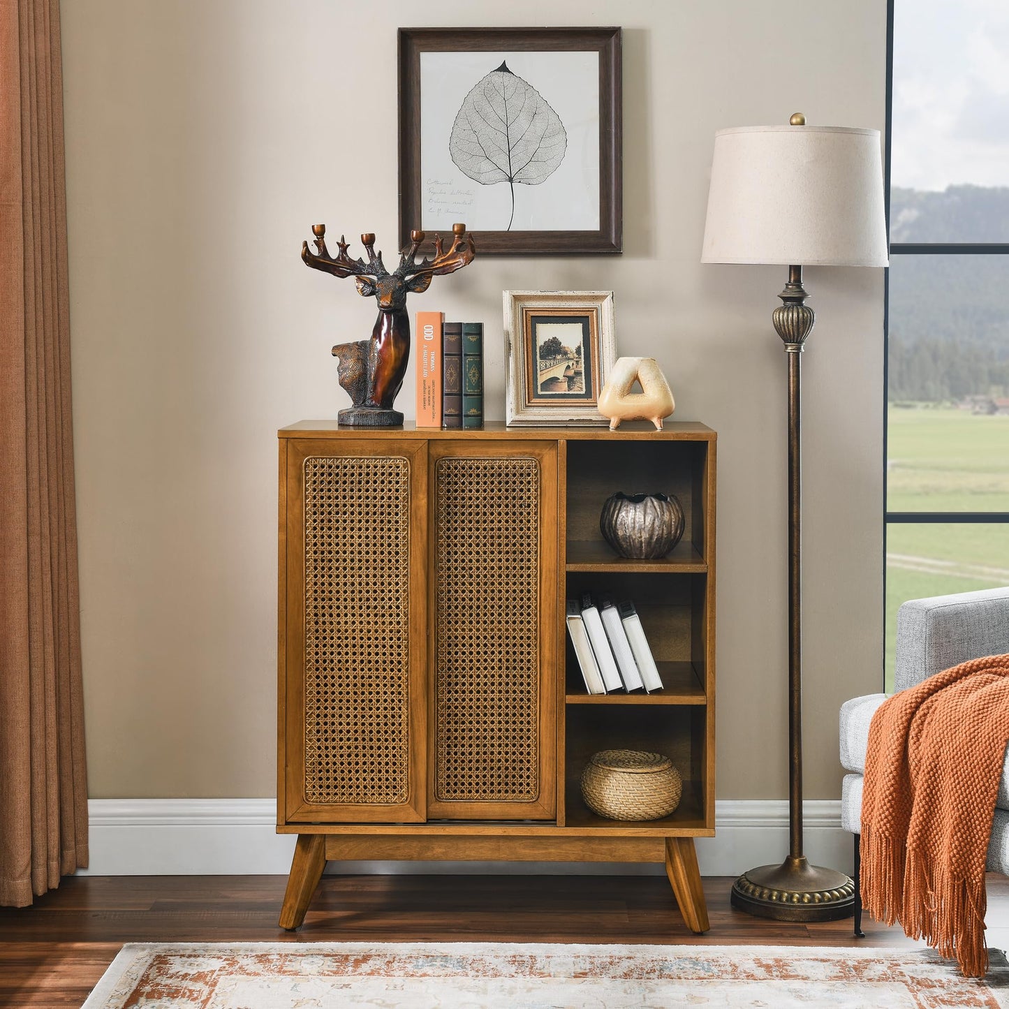 Ball & Cast 32" Mid Century Modern Rattan Sideboard Cabinet with 2 Sliding Doors, Buffet Cabinet w/Adjustable Shelf & Solid Wood Legs for Entryway, Living Room, Kitchen,Dining Room, Light Walnut