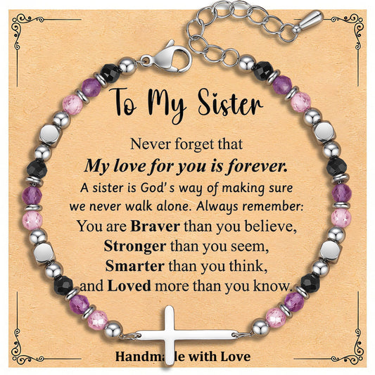 Sisters Gifts from Sister, Dainty Christian Cross Bracelet Adjustable Crystal Anxiety Relief Jewelry for Birthday, Graduation, Christmas, Anniversary