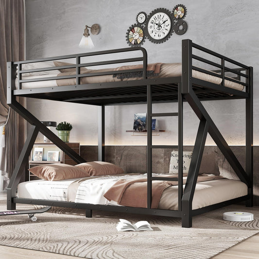 Bellemave Queen Over Queen Metal Bunk Bed,Low Profile Floor Bunk Bed Frame with Angled Ladder, Heavy Duty & Noise-Free Design for Kids, Teens & Adults, Black