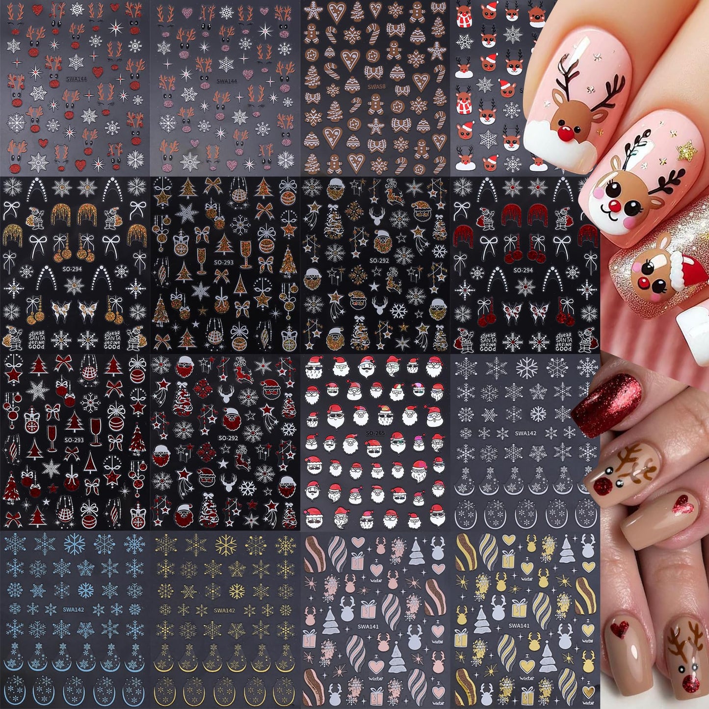 Christmas Holiday Nail Art Stickers 16PCS 3D Santa Claus Deer Decals for Nail Art Seasonal Fingernail Designs White Snowflake Gingerbread Man Self-Adhesive Manicure Decorations Accessories for Women