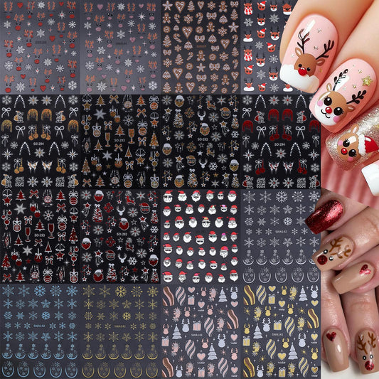 Christmas Holiday Nail Art Stickers 16PCS 3D Santa Claus Deer Decals for Nail Art Seasonal Fingernail Designs White Snowflake Gingerbread Man Self-Adhesive Manicure Decorations Accessories for Women