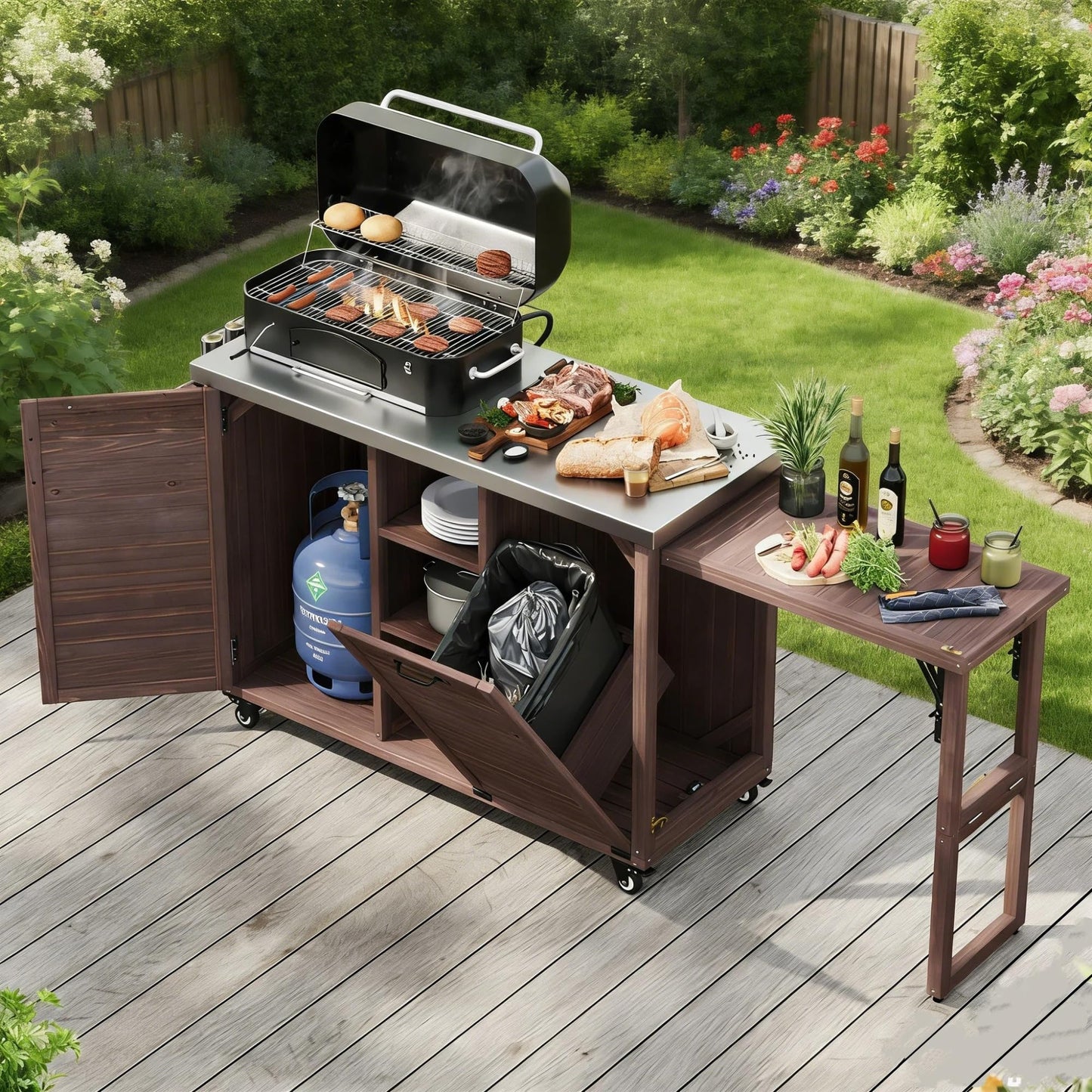 Trygoal 78.2" Outdoor Kitchen Island with Foldable Grill Table & Stainless Steel Top, Rolling Kitchen Cart with Trash Can Storage, Multifunctional Outdoor Grill Table for Lawn & Garden, Dark Brown
