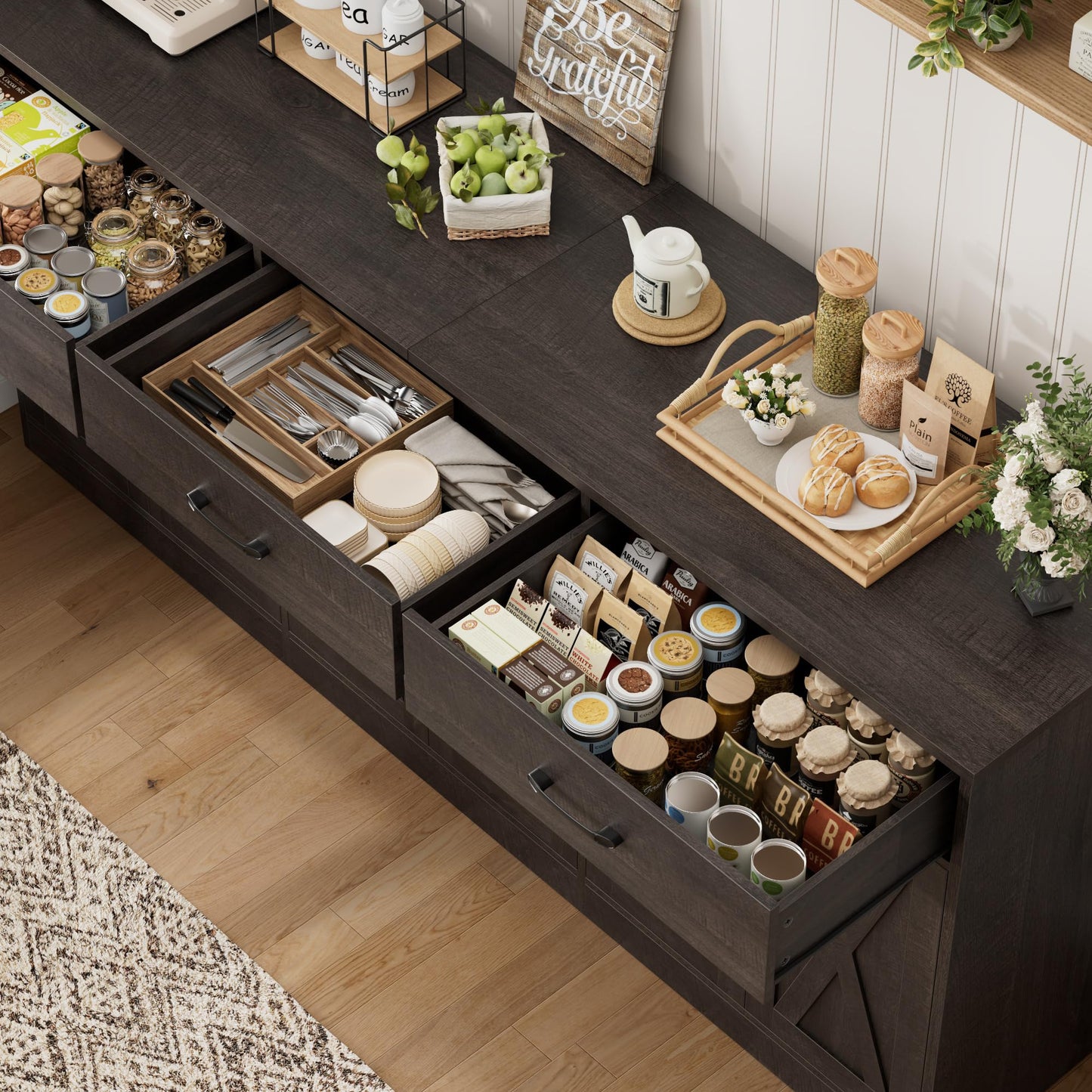 HOSTACK 71" Large Sideboard Buffet Cabinet with Storage, Farmhouse Coffee Bar Cabinet with 3 Drawers, Long Kitchen Buffet Table, Kitchen Sideboard Storage Cabinet for Dining, Living Room, Dark Brown