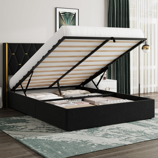 Garvee Queen Size Lift Up Storage Bed Frame with with Gold Wingback Headboard, Velvet Upholstered Bed Frame with Diamond Tufted Design & Gold Trim, Hydraulic Support, No Box Spring Needed, Black