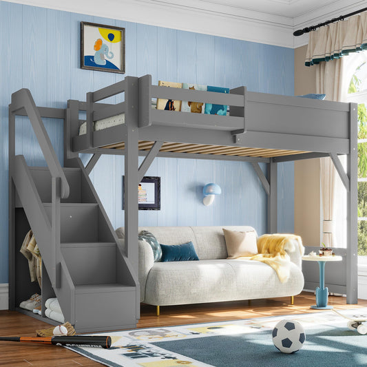 DNYN Loft Bed Frame with Built-in Wardrobe and Bedside Shelf for Teens/Adults Bedroom, Space-Saving Twin Size Bed Frame with Staircase and Guardrails, No Box Spring Needed