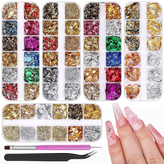 5 Boxes 60 Colors Holographic Nail Glitter Gold Foils Kit, Nail Foil Flakes Laser, 3D Irregular Thin Foil Nail Art Flakes Design Nail Sequins Supplies for Manicure Body Makeup Craft DIY
