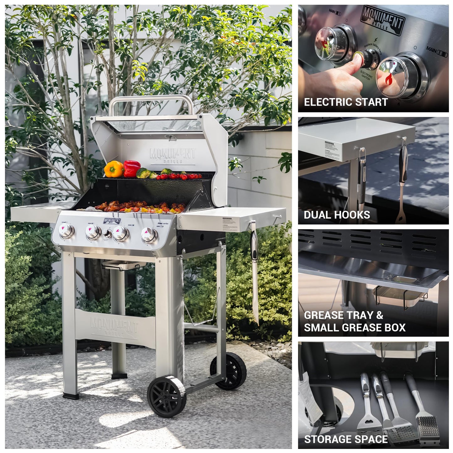 Monument Grills 4-Burner Liquid Propane Gas Grill, Silver Stainless Steel Grill Outdoor Patio Garden Barbecue Grill with Clearview® Lid and One Foldable Shelf, Mesa400MF